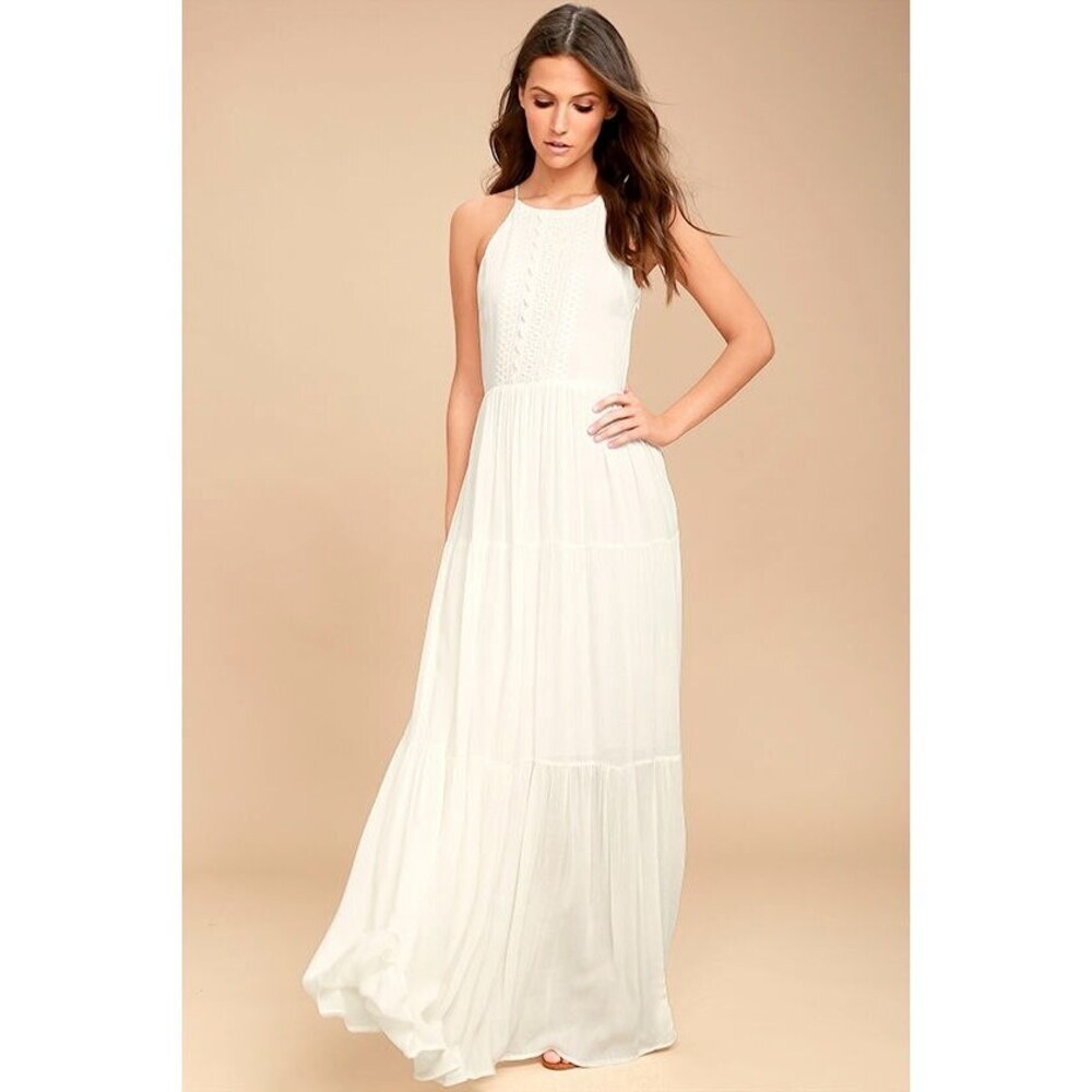 Lulus For Life Cream Embroidered Maxi Dress Size Medium